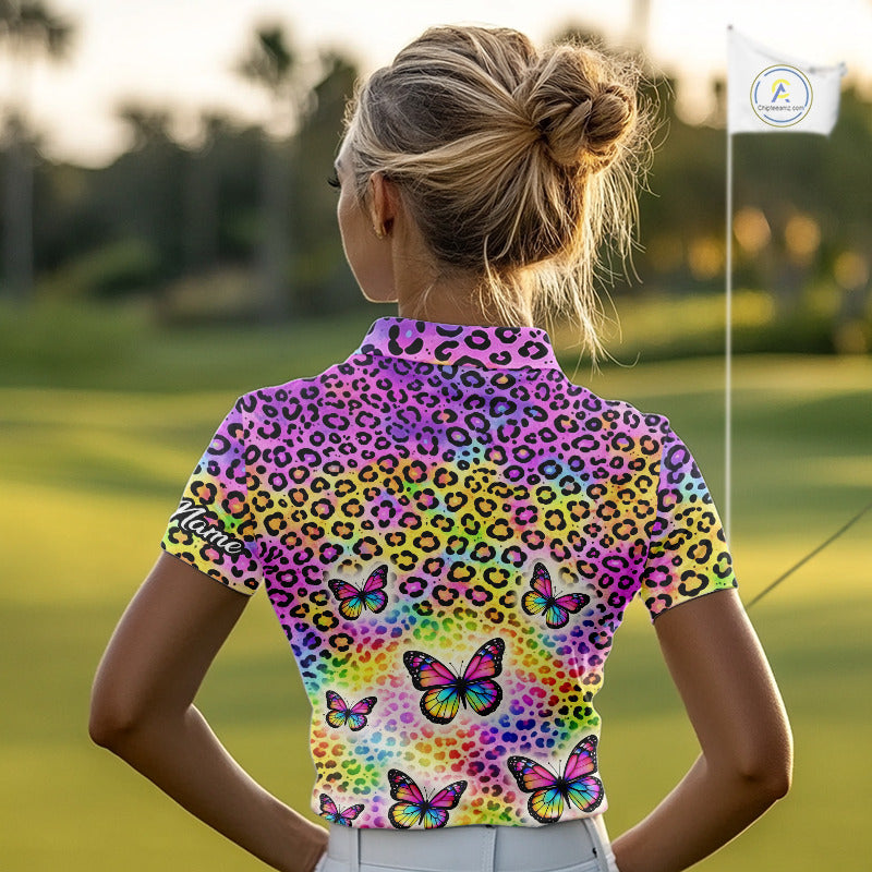 Womens Golf Polo Shirt Colorful Rainbow Leopard Print Custom Butterfly Team Ladies Golf Tops NHN0180