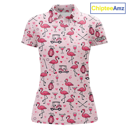 Funny Pink Flamingo Pattern Womens Golf Polo Shirt Custom Name Hawaiian Flamingo Golf Shirts NHN0191
