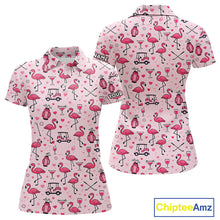 Load image into Gallery viewer, Funny Pink Flamingo Pattern Womens Golf Polo Shirt Custom Name Hawaiian Flamingo Golf Shirts NHN0191