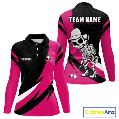Funny Skull Womens Golf Polo Shirt Long Sleeve Custom Black And Pink Golf Ball Pattern, Golf Gift NHN0060