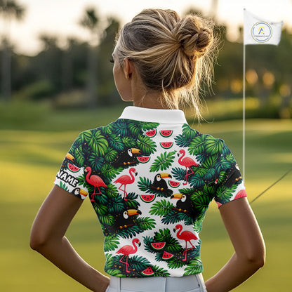 Funny Womens Golf Polo Shirt Custom Floral Tropical Pattern Flamingo Golf Shirts For Ladies NHN0193