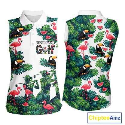Funny Womens Sleeveless Golf Polo Shirt Custom Tropical Pattern, Flamingo Golf Shirt For Ladies NHN0193