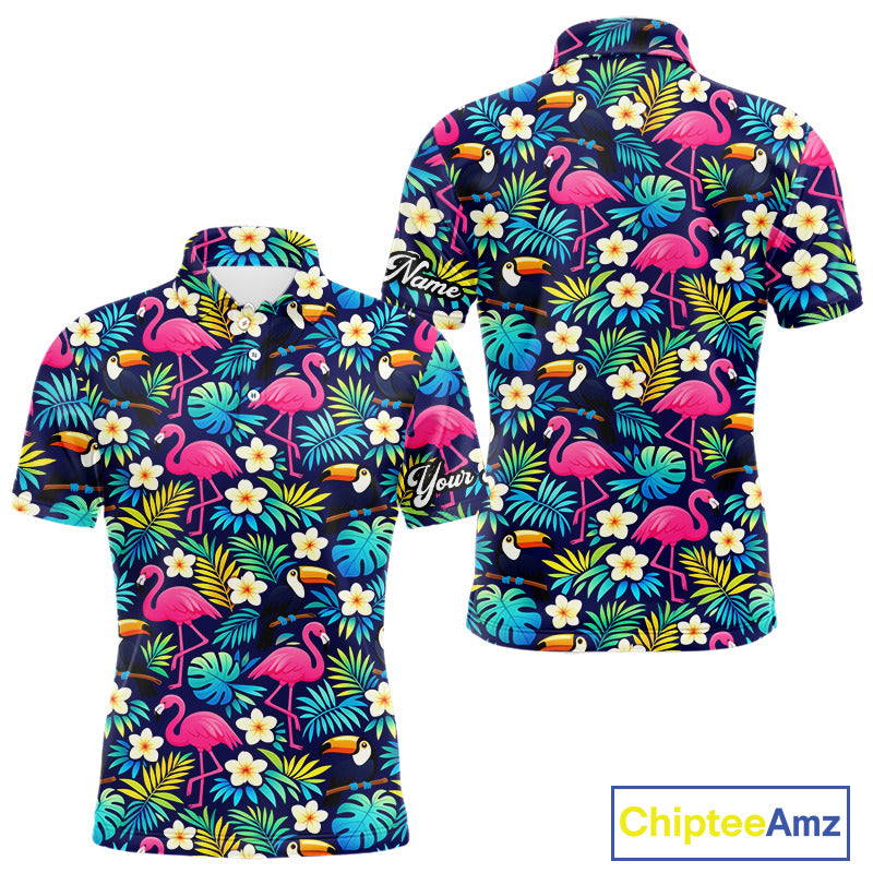 Mens Golf Polo Shirt Flamingo Floral Pattern, Colorful Tropical Leaves Custom Team Golf Shirt NHN0194