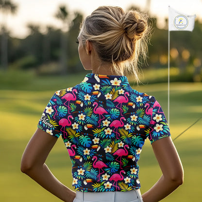 Womens Golf Polo Shirt Flamingo Floral Pattern, Colorful Tropical Leaves Custom Team Golf Shirt NHN0194