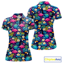 Load image into Gallery viewer, Womens Golf Polo Shirt Flamingo Floral Pattern, Colorful Tropical Leaves Custom Team Golf Shirt NHN0194