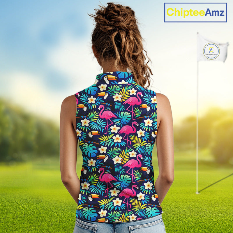 Womens Sleeveless Golf Polo Shirt Flamingo Floral Pattern, Custom Colorful Tropical Team Golf Shirt NHN0194
