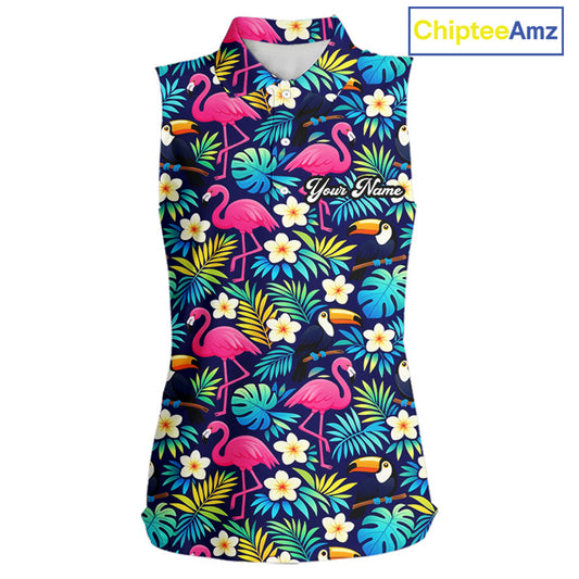 Womens Sleeveless Golf Polo Shirt Flamingo Floral Pattern, Custom Colorful Tropical Team Golf Shirt NHN0194