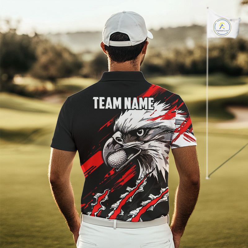 Mens Golf Polo Shirts Custom Red And Black Grunge Pattern Eagle Golf Shirts For Men, Golf Apparel NHN0062