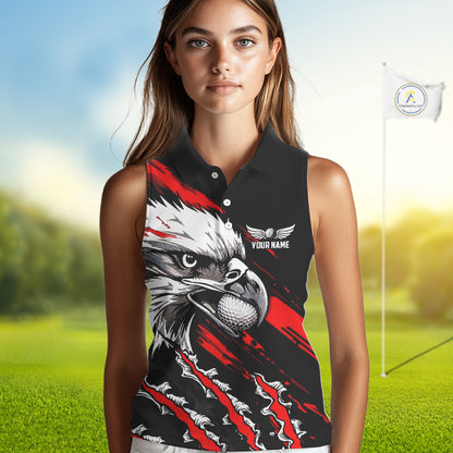 Womens Sleeveless Golf Polo Shirts Custom Red & Black Grunge Pattern Eagle Golf Shirts For Men, Golf Apparel NHN0062
