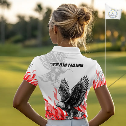 Womens Golf Polo Shirt Custom Eagle Red Flame Team Golf Tops, White Golf Outfit For Women NHN0070