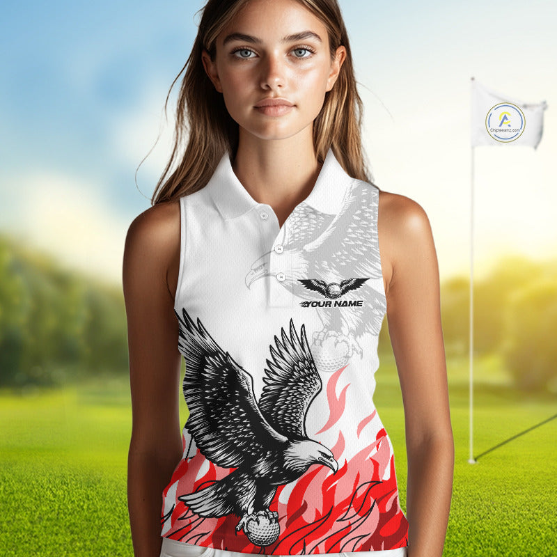 Womens Sleeveless Golf Polo Shirt Custom Eagle Red Flame Team Golf Tops, White Golf Outfit NHN0070