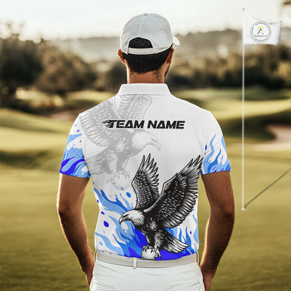 Mens Golf Polo Shirt Custom Eagle Blue Flame Golf Tops, Personalized White Golf Outfit For Men NHN0070
