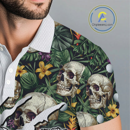 Funny Mens Golf Polo Shirt Custom Tropical Golf Ball Pattern Personalized Skull Golf Shirts For Men NHN0047