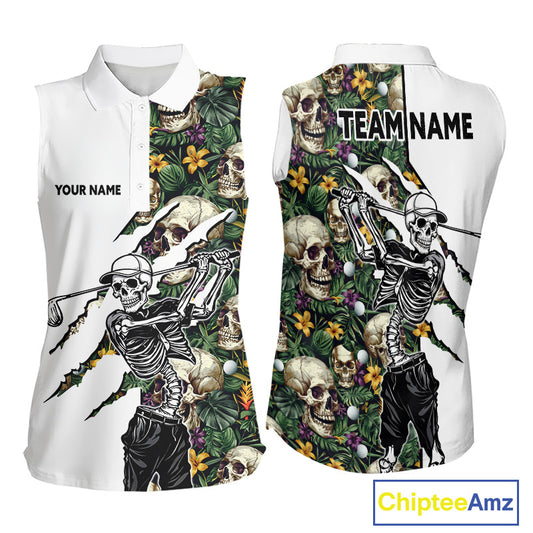 Funny Womens Sleeveless Golf Polo Shirt Custom Tropical Pattern Personalized Skull Golf Shirts NHN0047