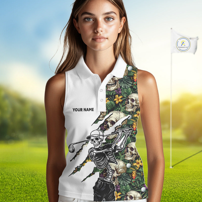 Funny Womens Sleeveless Golf Polo Shirt Custom Tropical Pattern Personalized Skull Golf Shirts NHN0047