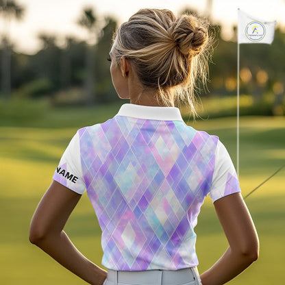 Violet And Blue Square Pattern Womens Golf Polo Shirt Custom Name Golf Tops For Ladies NHN0203