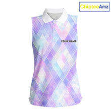 Load image into Gallery viewer, Violet And Blue Square Pattern Womens Sleeveless Golf Polo Shirt Custom Name Golf Tops For Ladies NHN0203