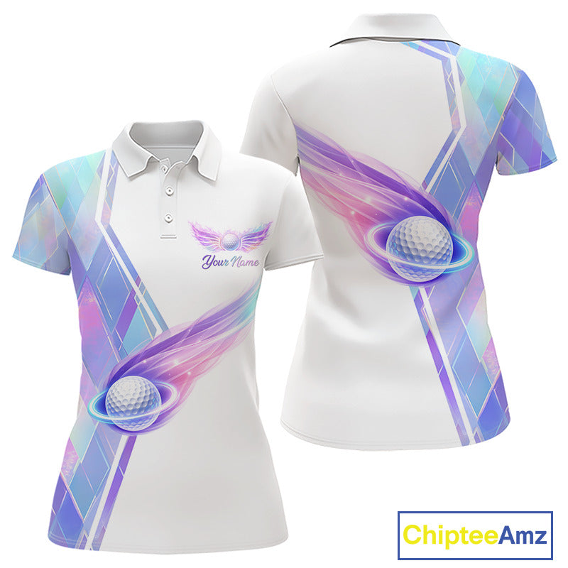 Womens Golf Polo Shirt Violet Square Plaid Pattern Custom Flame Golf Ball Golf Tops For Ladies NHN0204
