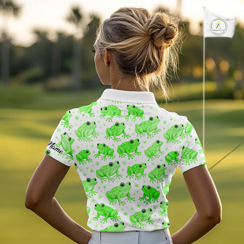 Funny Green Frog Pattern Womens Golf Polo Shirts Custom Golf Attire For Ladies , Golfer Gifts NHN0134