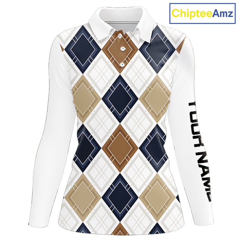 Plaid Womens Long Sleeve Golf Polo Shirt Custom Retro Argyle Pattern Team Golf Tops, Vintage Golf Gift NHN0216
