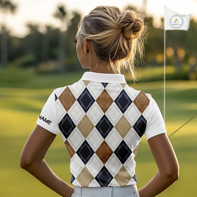 Plaid Womens Golf Polo Shirt Custom Retro Argyle Pattern Team Ladies Golf Tops, Vintage Golf Gift NHN0216