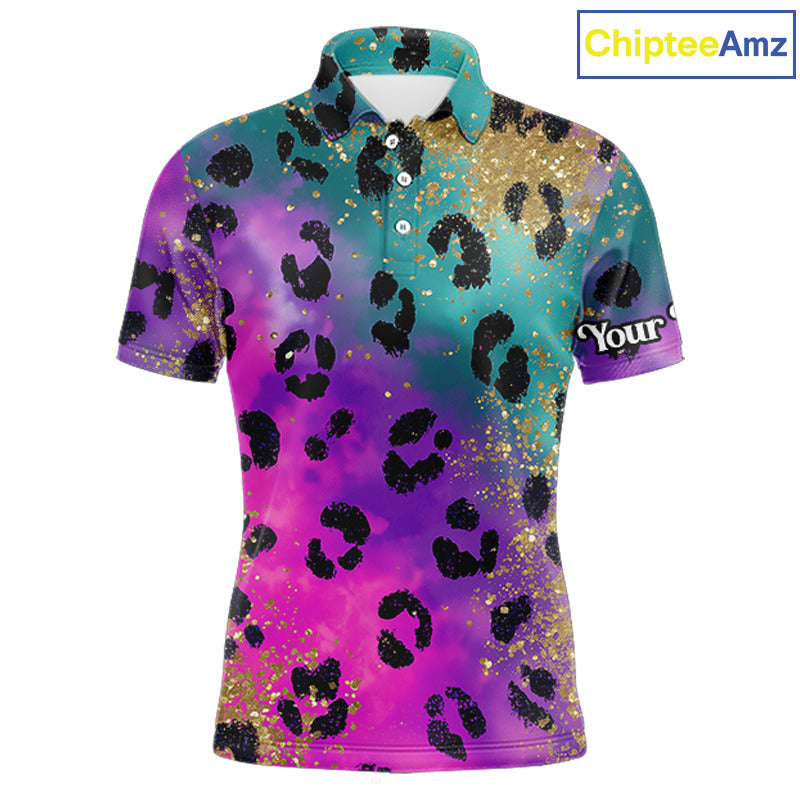 Leopard Mens Golf Polo Shirt Custom Colorful Neon Rainbow Leopard Pattern Team Golf Tops, Golf Gifts NHN0217