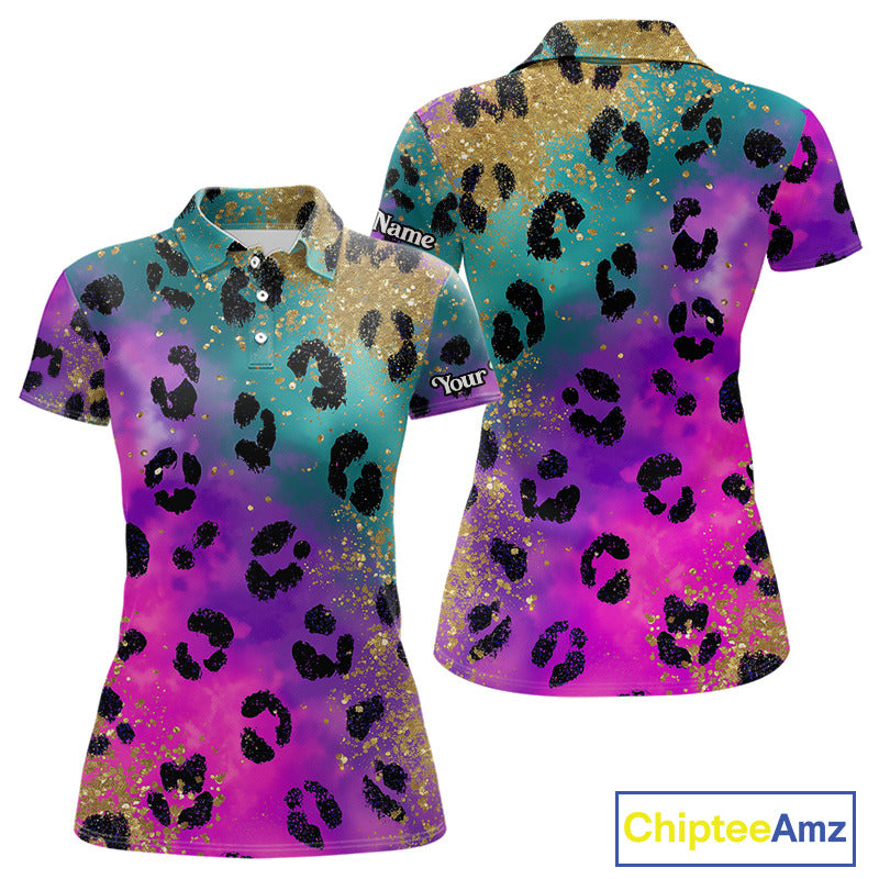 Leopard Womens Golf Polo Shirt Custom Colorful Neon Rainbow Leopard Pattern Team Golf Top, Golf Gifts NHN0217