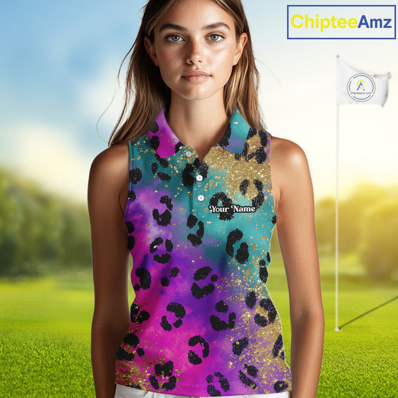 Womens Sleeveless Golf Polo Shirt Custom Colorful Neon Rainbow Leopard Pattern Team Golf Tops NHN0217