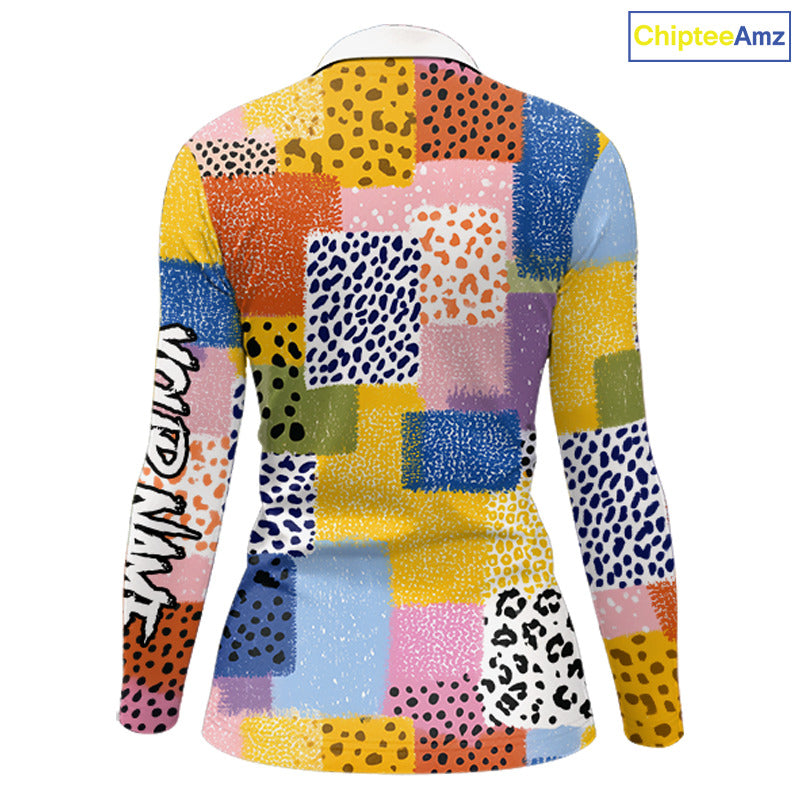 Funny Plaid Womens Long Sleeve Golf Polo Shirt Custom Colorful Leopard Square Pattern Team Golf Top NHN0218