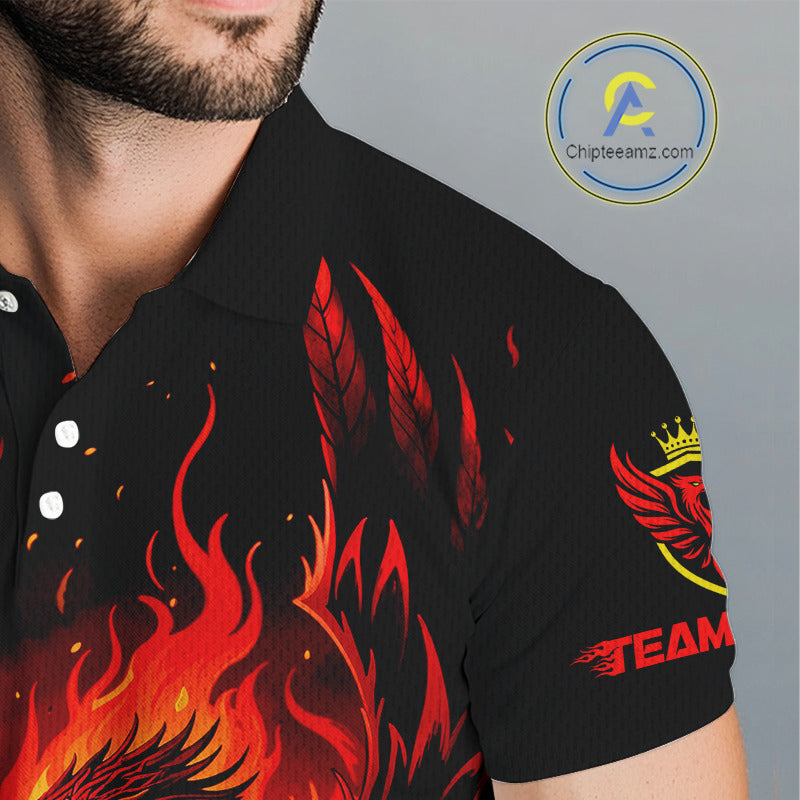 Mens Golf Polo Shirt Custom Phoenix Red Flame Team Golf Tops, Black Golf Outfit For Men NHN0084