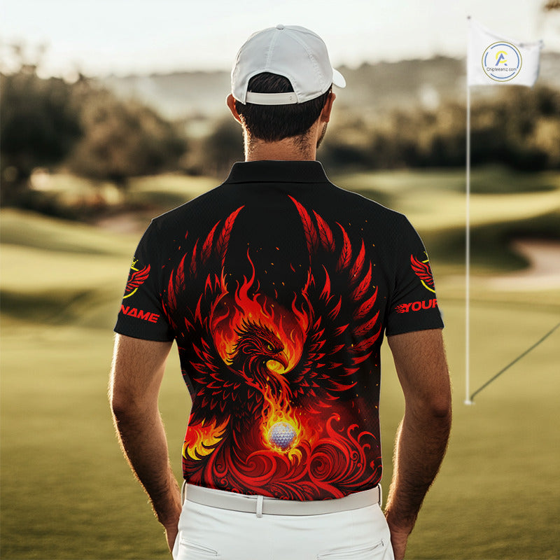 Mens Golf Polo Shirt Custom Phoenix Red Flame Team Golf Tops, Black Golf Outfit For Men NHN0084