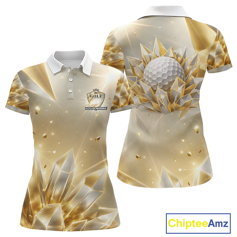 Womens Golf Polo Shirt Custom Gold Diamond Crystal Golf Ball Custom Name Golf Shirts For Team NHN0220
