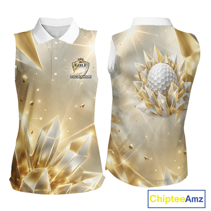 Womens Sleeveless Golf Polo Shirt Custom Gold Diamond Crystal Golf Ball Custom Name Group Golf Shirts NHN0220