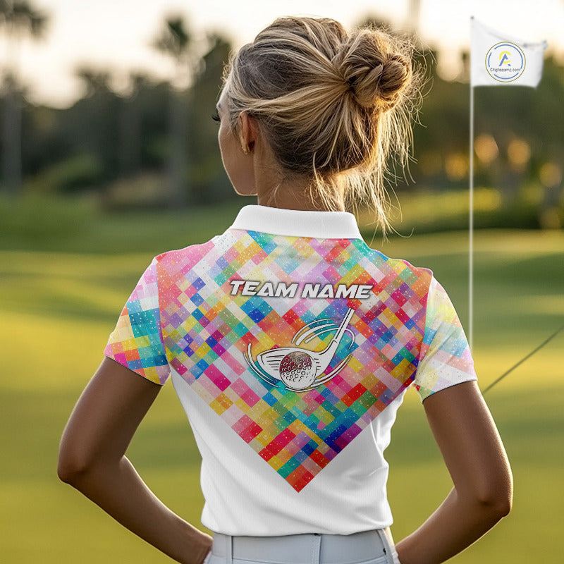 Geometric Pink Womens Golf Polo Shirts Custom Name Golf Shirts For Ladies Personalized Golf Gifts NHN0089