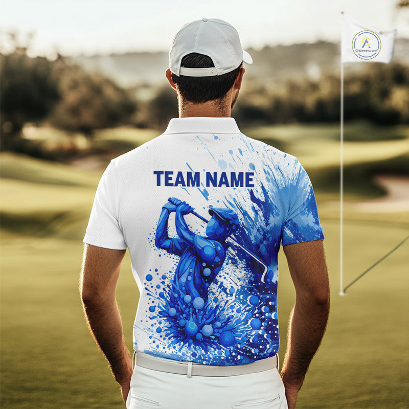 Golf Polo Shirts, Mens Golf Polo Shirts Blue Painting Golfer Custom Name Team Golf Shirt, Golf Gifts NHN0090