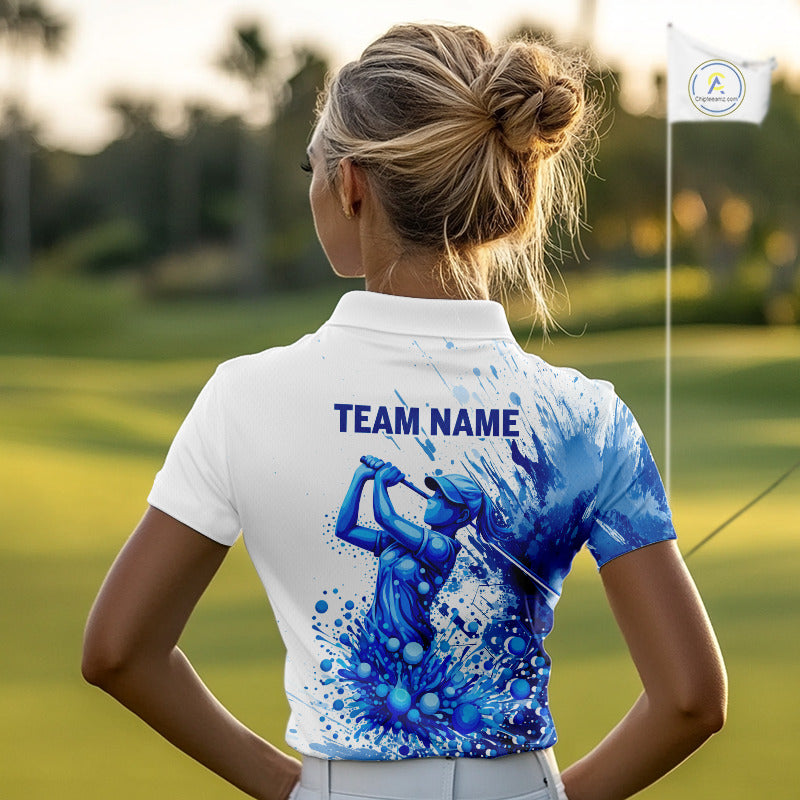 Golf Polo Shirts, Womens Golf Polo Shirts Blue Painting Golfer Custom Name Team Golf Shirt, Golf Gifts NHN0090