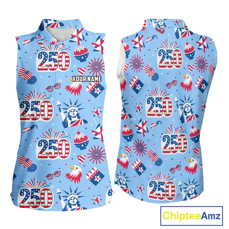 America 250th Anniversary Womens Sleeveless Golf Polo Shirt, Patriotic USA Golf Shirts, Golf Gift NHN0232