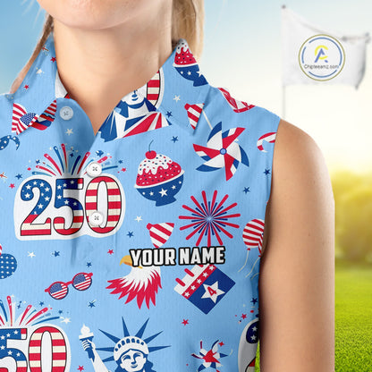 America 250th Anniversary Womens Sleeveless Golf Polo Shirt, Patriotic USA Golf Shirts, Golf Gift NHN0232