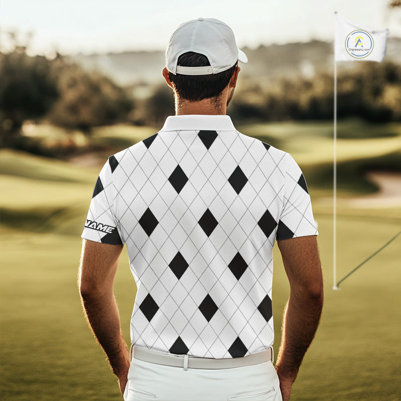 Argyle Mens Golf Polo Shirt Custom Name, Personalized Plaid Golf Shirts For Men NHN0120