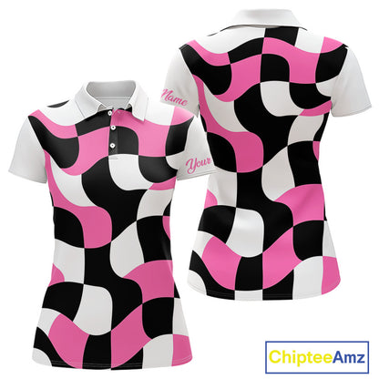 Womens Golf Polo Shirt Custom Pink Checkerboard Argyle Pattern Golf Attire For Ladies, Golf Gifts NHN0124