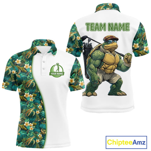 Funny Mens Golf Polo Shirt Custom Green Tropical Leaf Pattern Personalized Turtle Golf Shirts For Men NHN0003