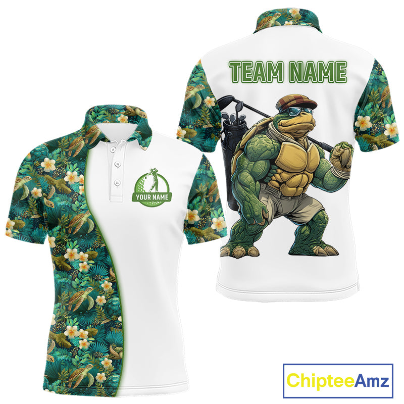 Funny Mens Golf Polo Shirt Custom Green Tropical Leaf Pattern Personalized Turtle Golf Shirts For Men NHN0003