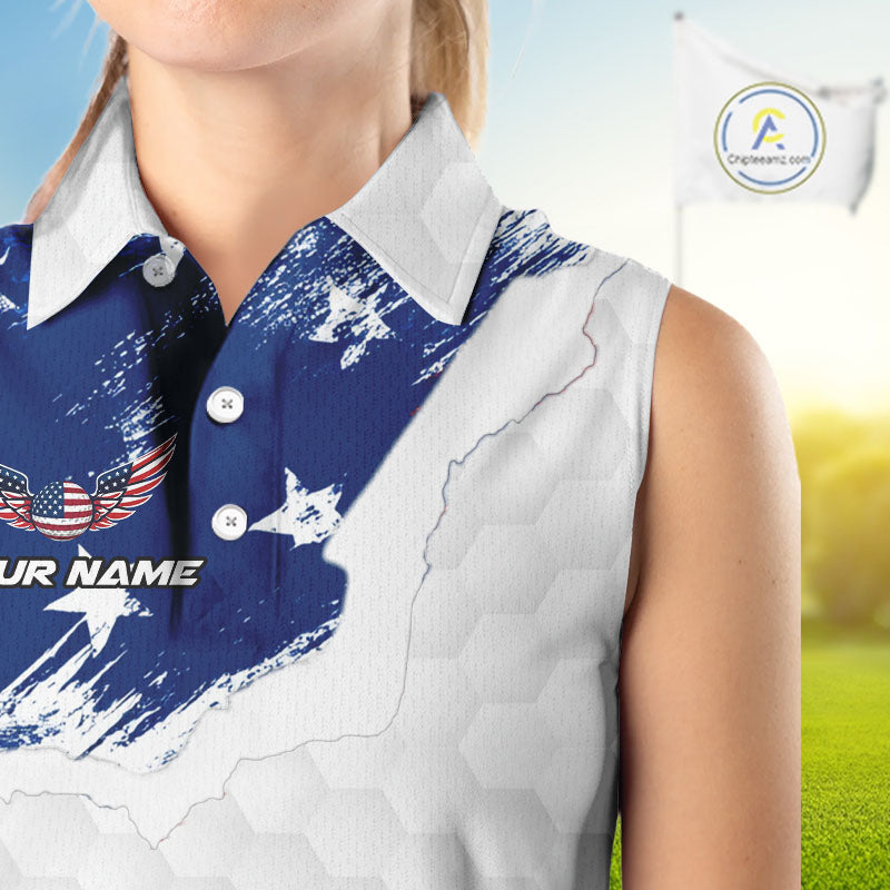 American Flag Womens Sleeveless Golf Polo Shirts Custom Name Patriotic Team Golf Shirt NHN0008