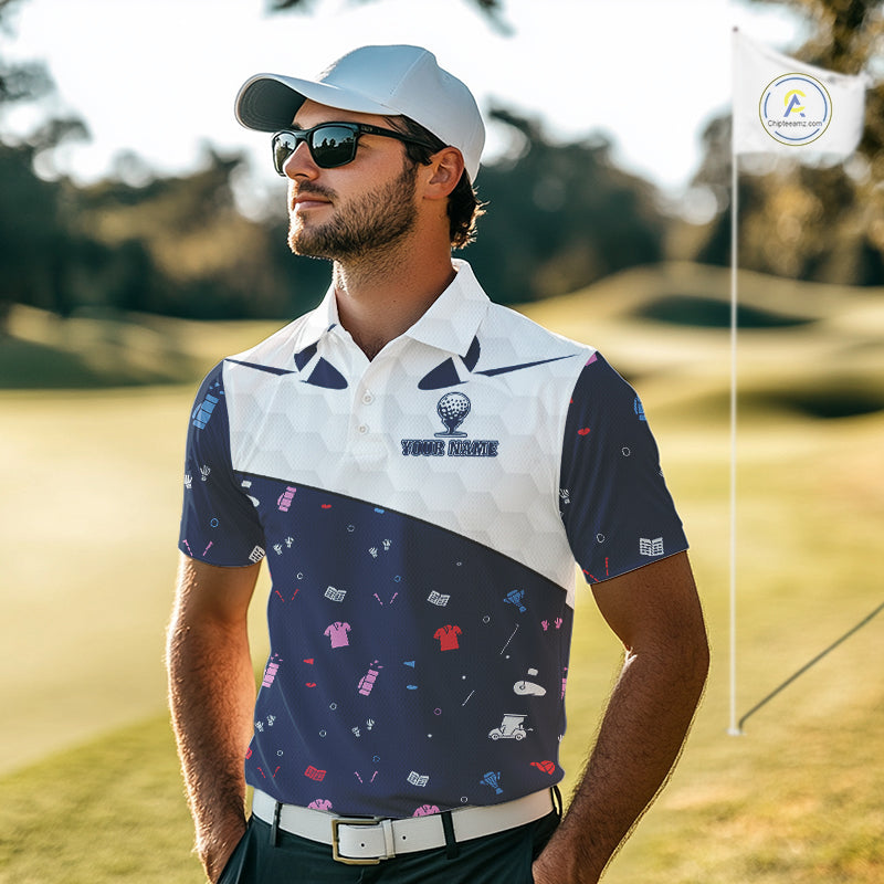 Mens Golf Polo Shirt Custom Name Funny Blue White Golf Ball Pattern Men Golf Wear Top For Team NHN0025