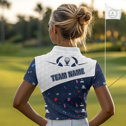Womens Golf Polo Shirt Custom Name Funny Blue White Golf Ball Pattern Women Golf Wear Top For Team NHN0025