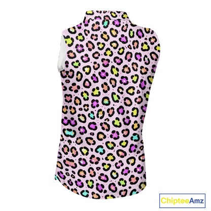 Womens Sleeveless Golf Polo Shirt Custom Colorful Neon Rainbow Leopard Team Golf Shirt For Golf Lovers NHN0154