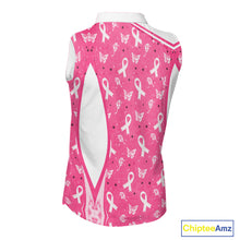 Load image into Gallery viewer, Pink Ribbon Womens Sleeveless Golf Polo Shirt Custom Butterfly Breast Cancer Awareness Ladies Golf Top NHN0175