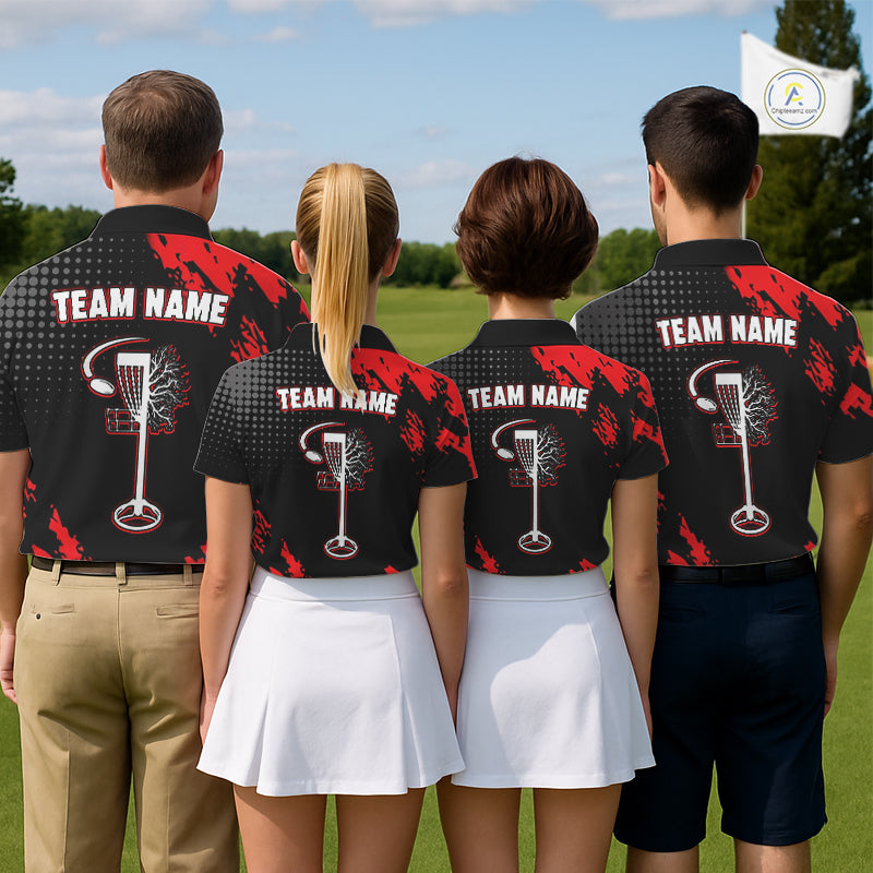 Skull Mens Disc Golf Polo Shirt Custom Name Black And Red Disc Golf Basket Personalized Golf Shirts NHN0049