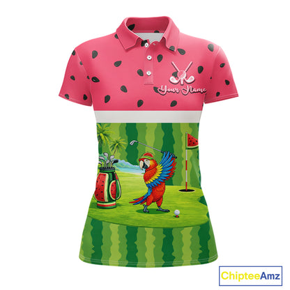 Funny Womens Golf Polo Shirt Custom Watermelon Tropical Pattern, Parrot Golf Shirts For Team NHN0183