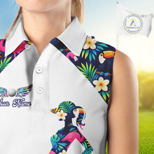 Load image into Gallery viewer, Funny Womens Sleeveless Golf Polo Shirt Custom Tropical Pattern, Flamingo Golf Shirts For Ladies NHN0099